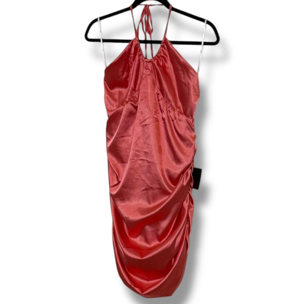 NEW Lulus Coral Satin Ruched Halter Mini Dress XL NWT | Backless Bodycon Dress